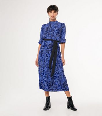 Blue Leopard Print Puff Sleeve Belted ...